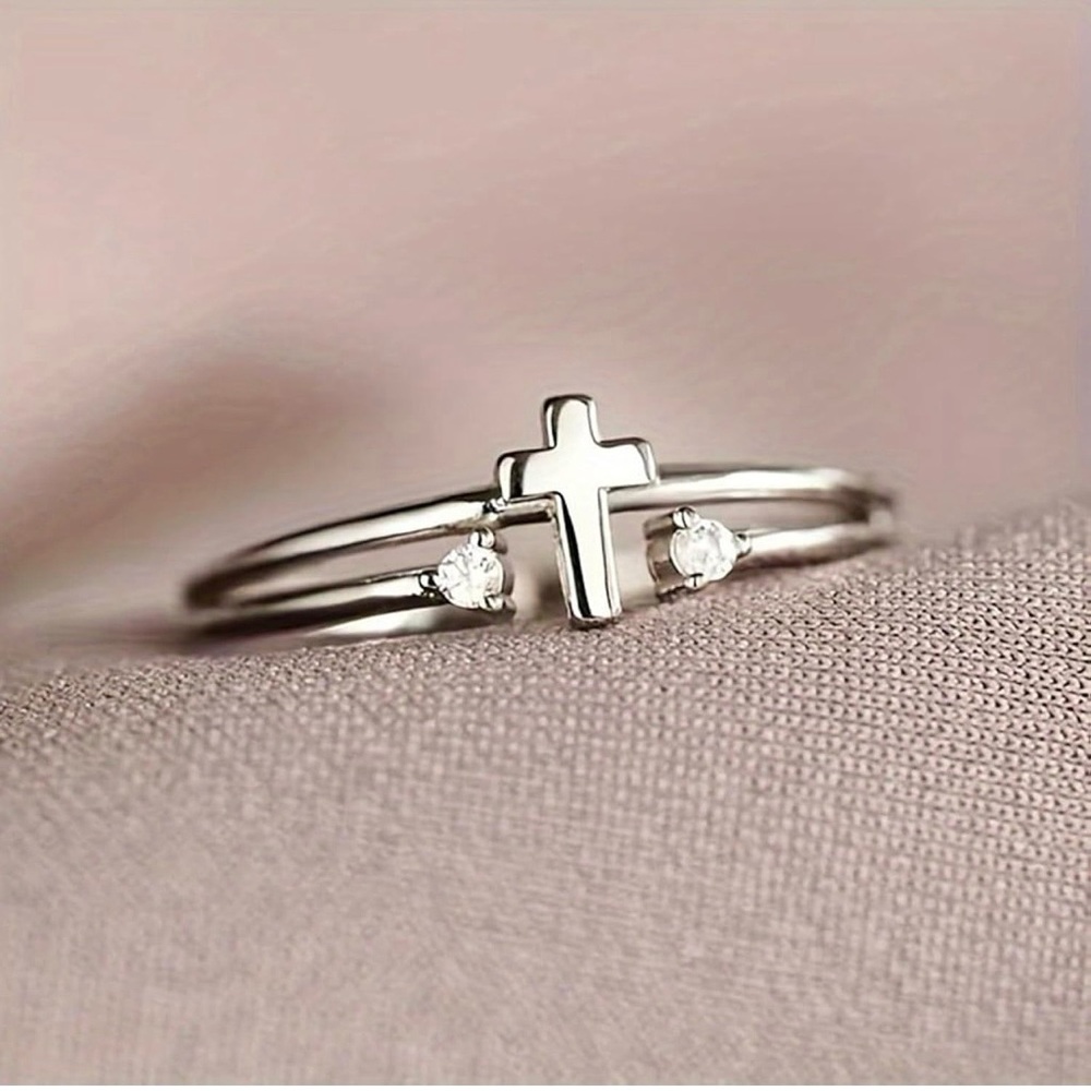 White Gold Plated Cross Ring with CZ | Minimalist Faith Ring